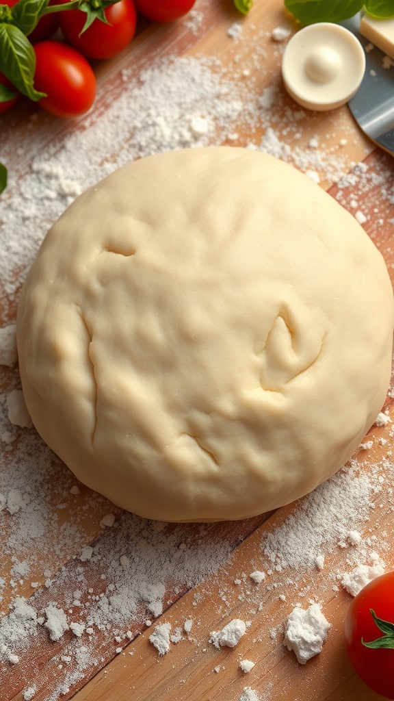 Freshly risen pizza dough ball on a floured surface, with ingredients for pizza in the background.